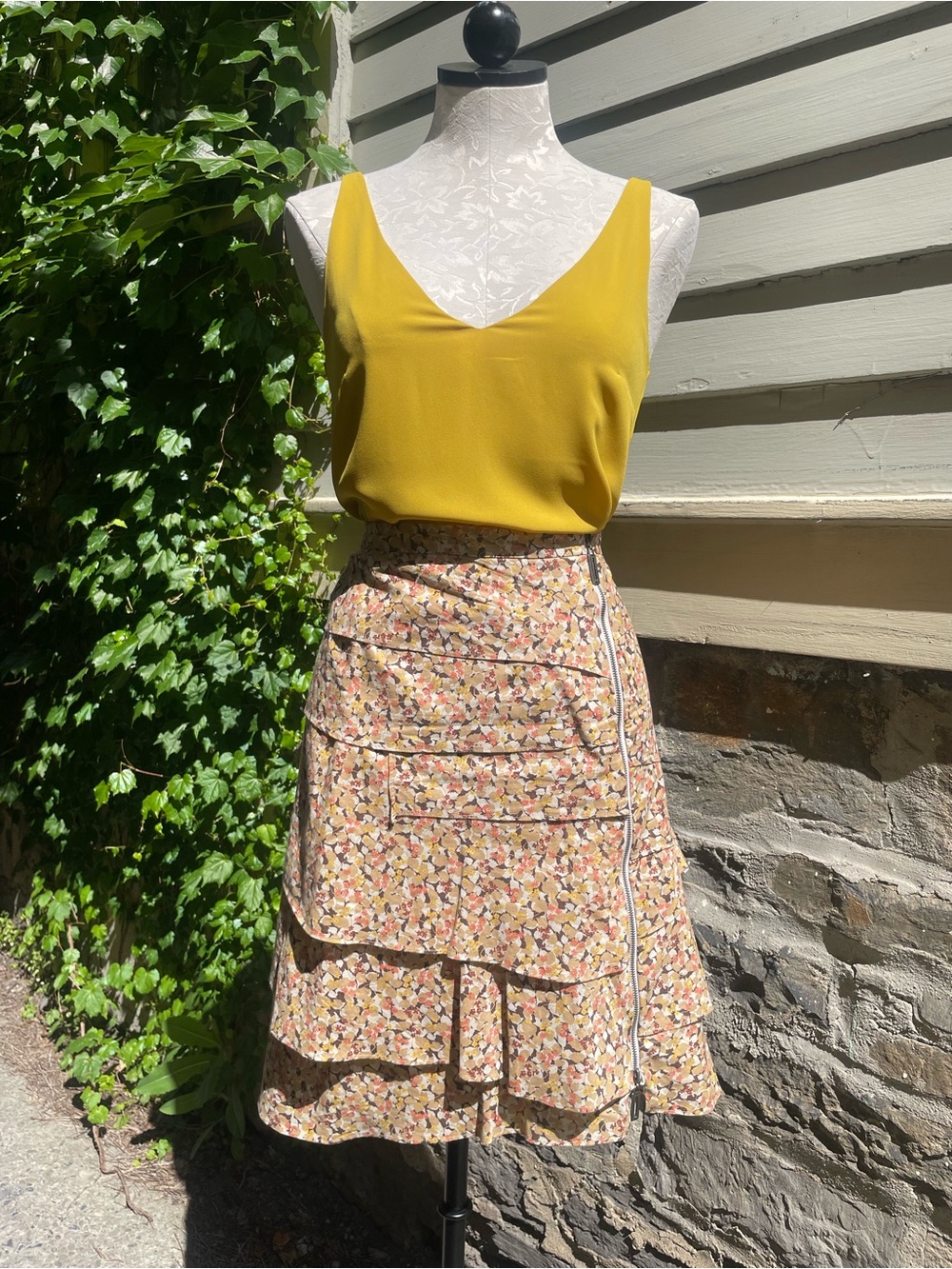 Tiered Floral A-Line Skirt in Mustard Floral